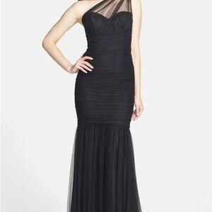 Amsale Black One-Shoulder Ruched Mermaid Gown with Sheer Strap